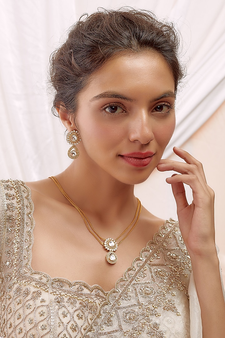 Gold Finish Kundan Polki Long Necklace Set by VASTRAA Jewellery at Pernia's Pop Up Shop