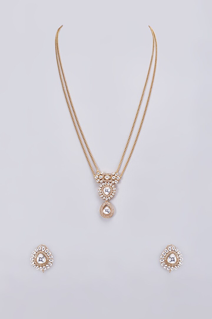 Gold Finish Kundan Polki Long Necklace Set by VASTRAA Jewellery at Pernia's Pop Up Shop