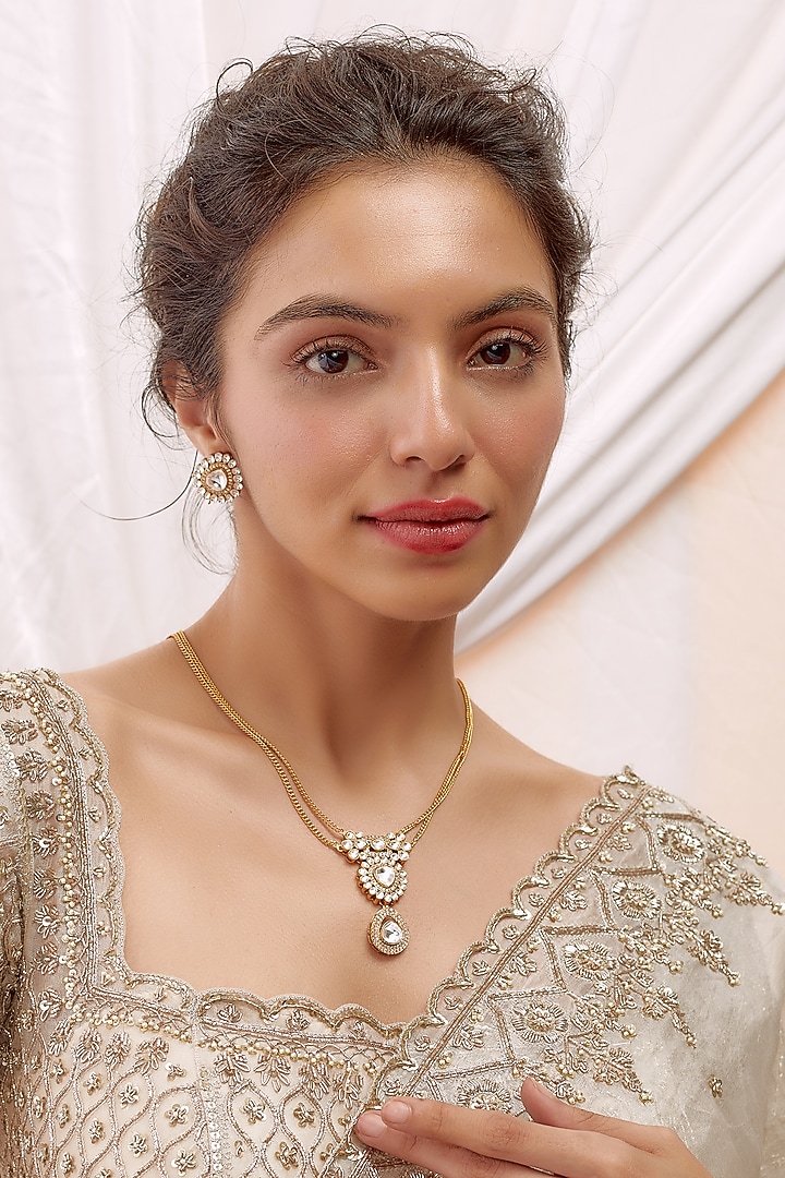 Gold Finish Kundan Polki Long Necklace Set by VASTRAA Jewellery at Pernia's Pop Up Shop