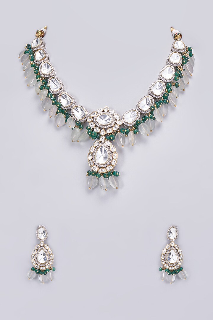 Gold Finish Kundan Polki & Emerald Necklace Set by VASTRAA Jewellery at Pernia's Pop Up Shop