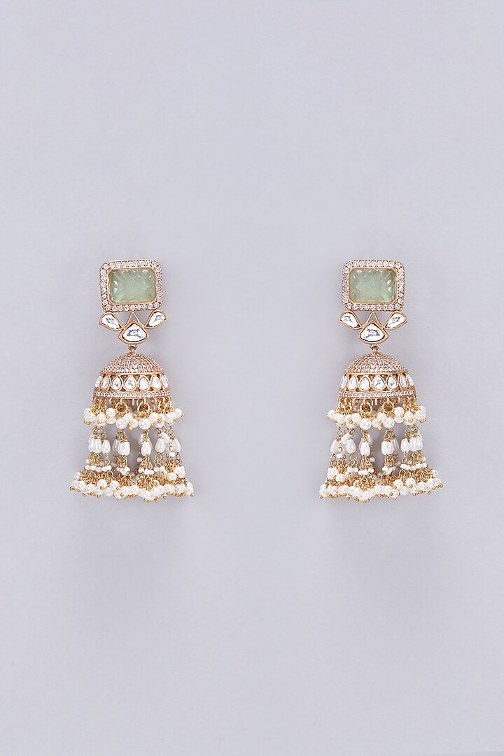 Gold Finish Kundan Polki & Pearl Jhumka Earrings by Vastraa Jewellery at Pernia's Pop Up Shop
