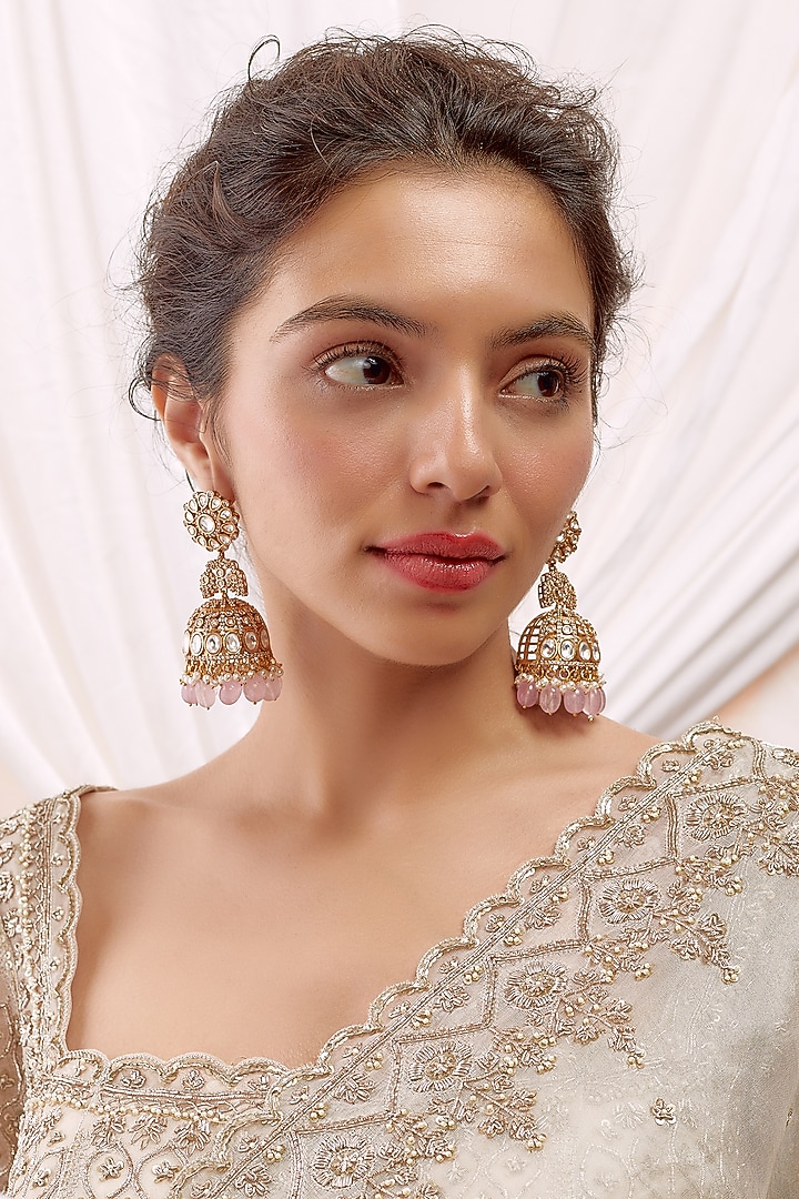 Gold Finish Kundan Polki & Pink Beaded Jhumka Earrings by Vastraa Jewellery at Pernia's Pop Up Shop