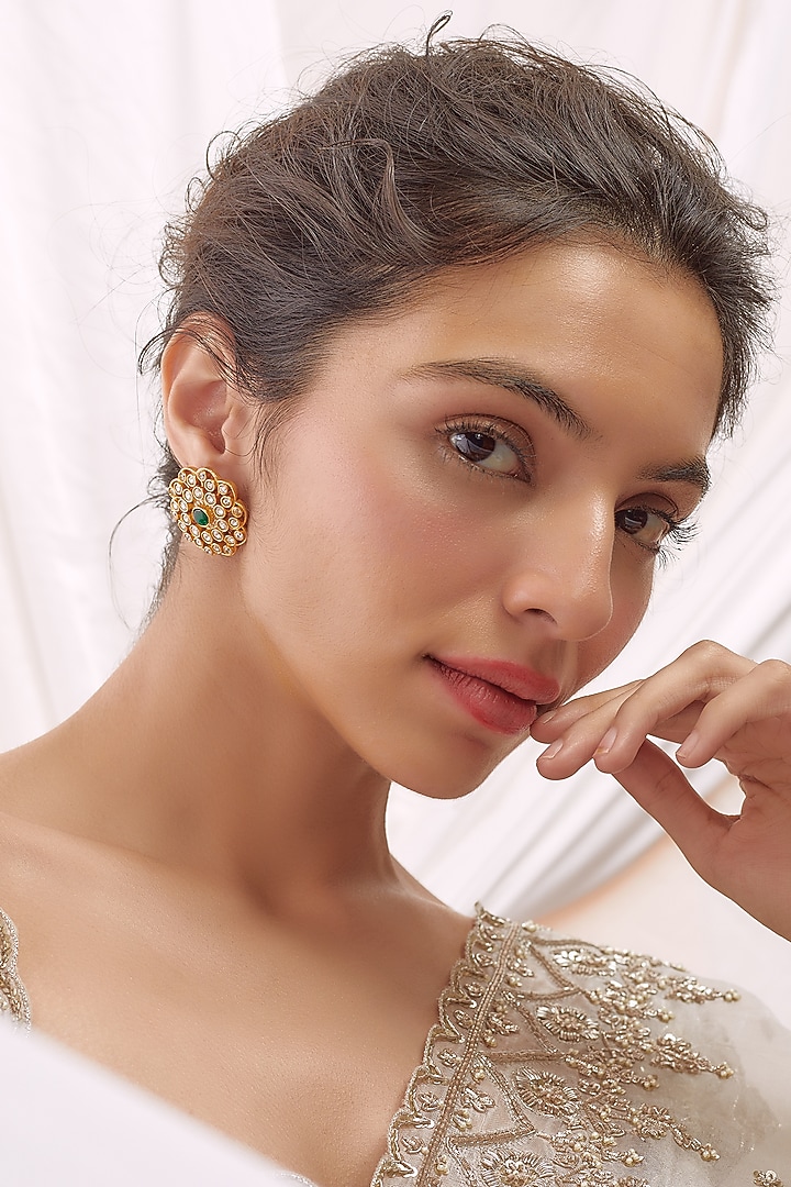 Gold Finish Kundan Polki & Green Stone Earring by Vastraa Jewellery at Pernia's Pop Up Shop