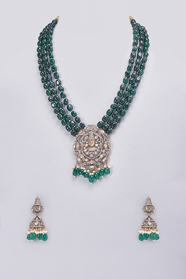 Gold Finish Kundan Polki & Emerald Long Necklace Set by Vastraa Jewellery at Pernia's Pop Up Shop