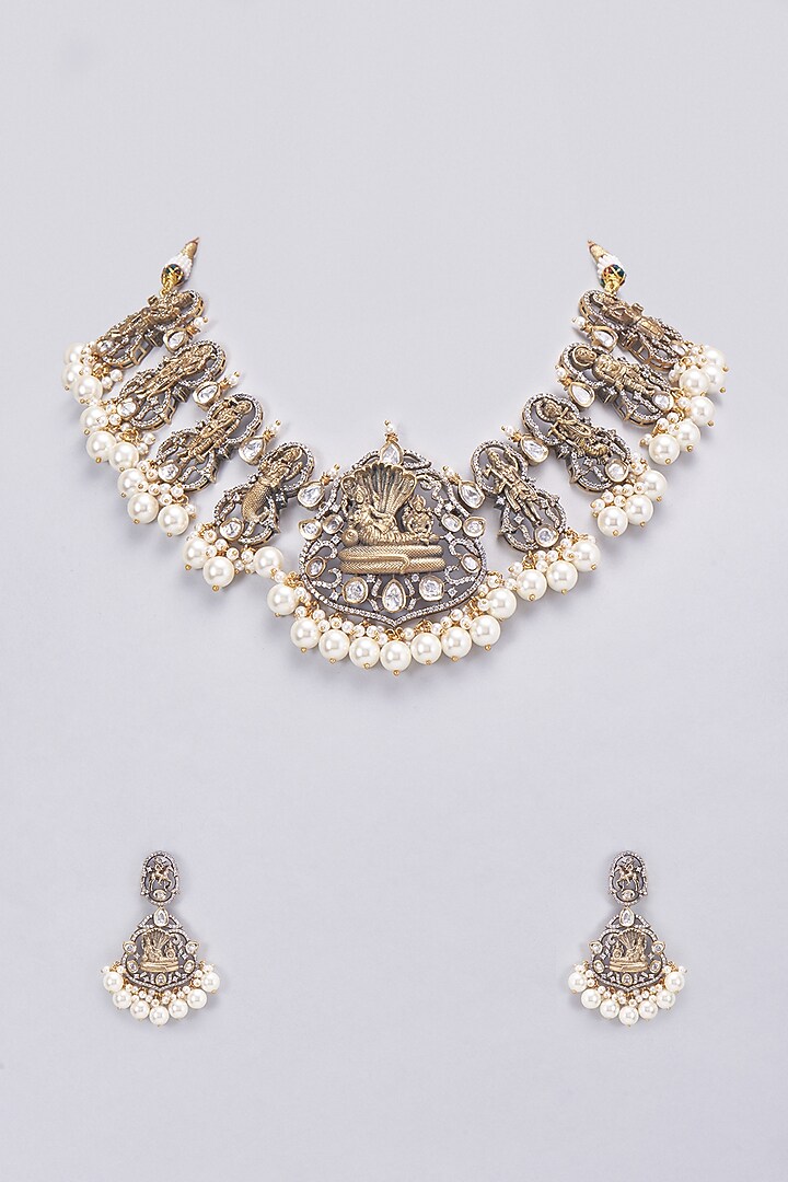 Two Tone Finish Kundan Polki Temple Necklace Set by Vastraa Jewellery at Pernia's Pop Up Shop