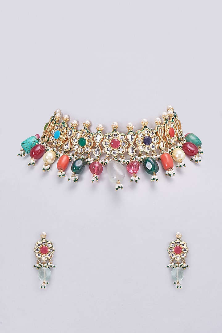 Gold Finish Multi-Colored Stone & Pearl Choker Necklace Set by Vastraa Jewellery at Pernia's Pop Up Shop
