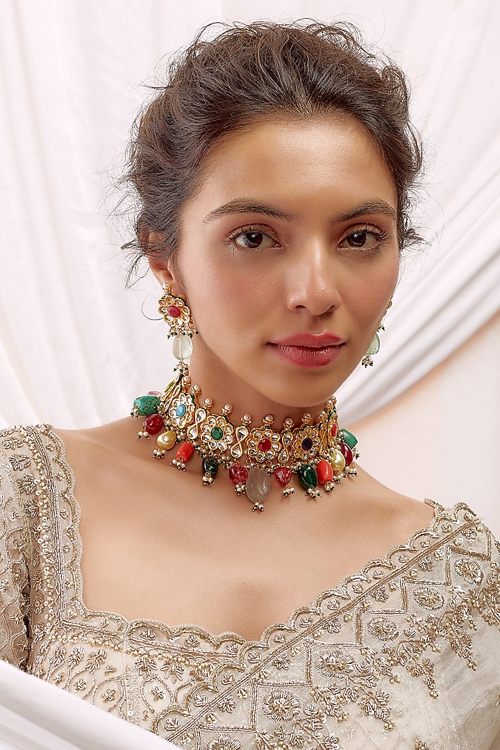 Gold Finish Multi-Colored Stone Pearl Choker Necklace Set by Vastraa  Jewellery at Pernia's Pop Up Shop