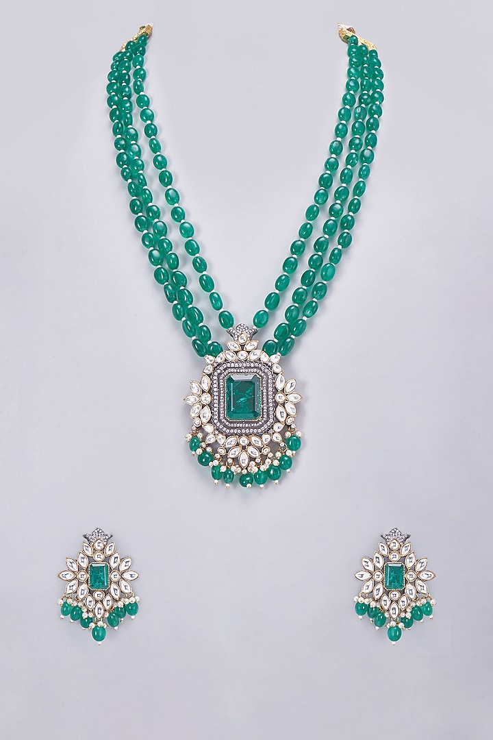 Gold Finish Kundan Polki & Emerald Long Necklace Set by Vastraa Jewellery at Pernia's Pop Up Shop