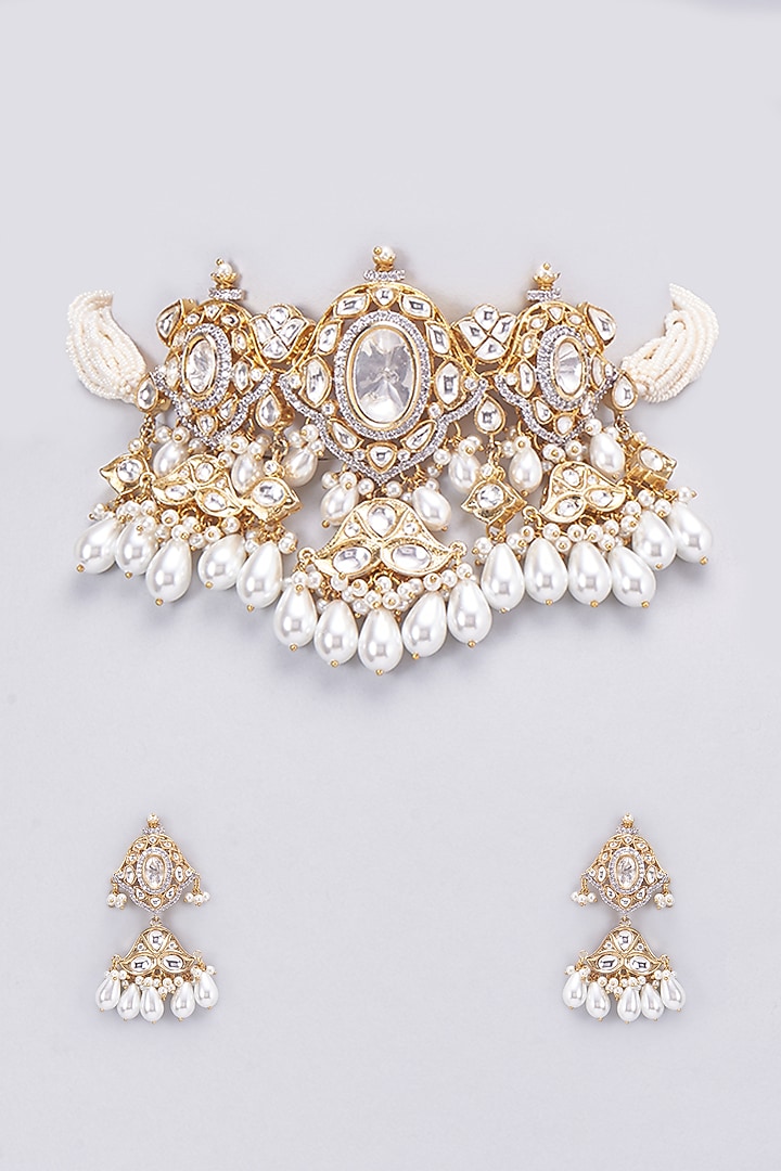 Gold Finish Kundan Polki & Pearl Choker Necklace Set by Vastraa Jewellery at Pernia's Pop Up Shop