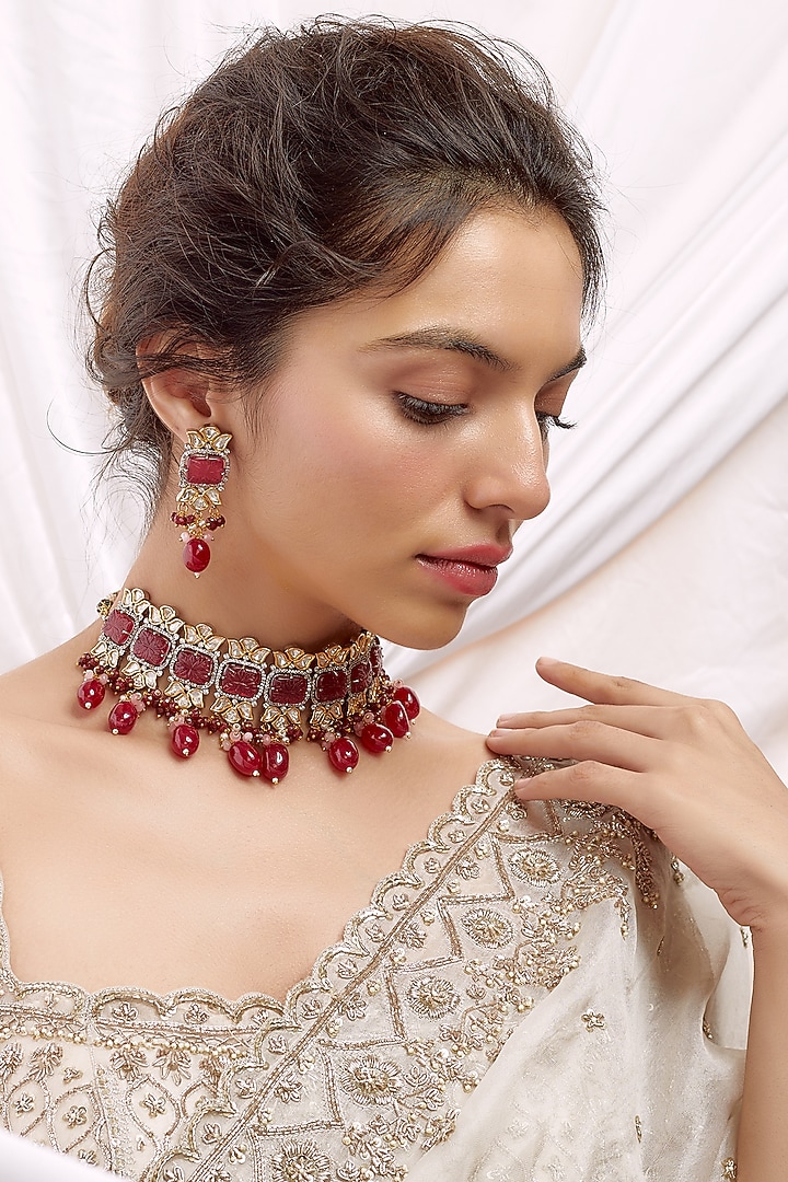 Gold Finish Kundan Polki & Red Beaded Choker Necklace Set by Vastraa Jewellery at Pernia's Pop Up Shop