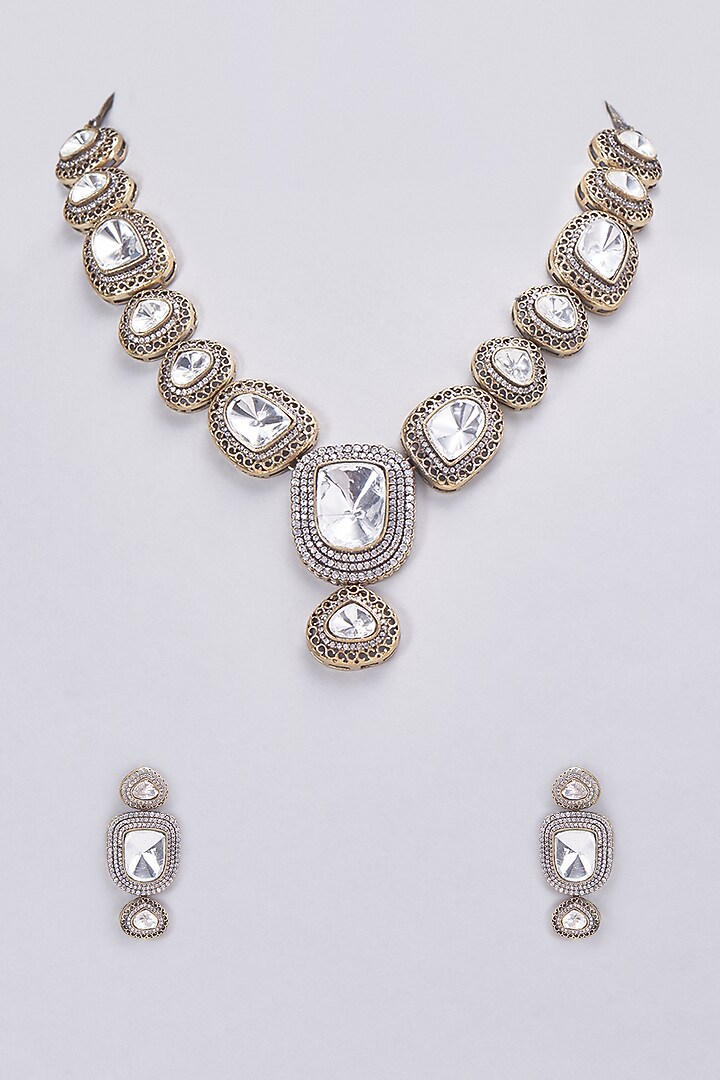 Gold Finish Kundan Polki Necklace Set by Vastraa Jewellery at Pernia's Pop Up Shop