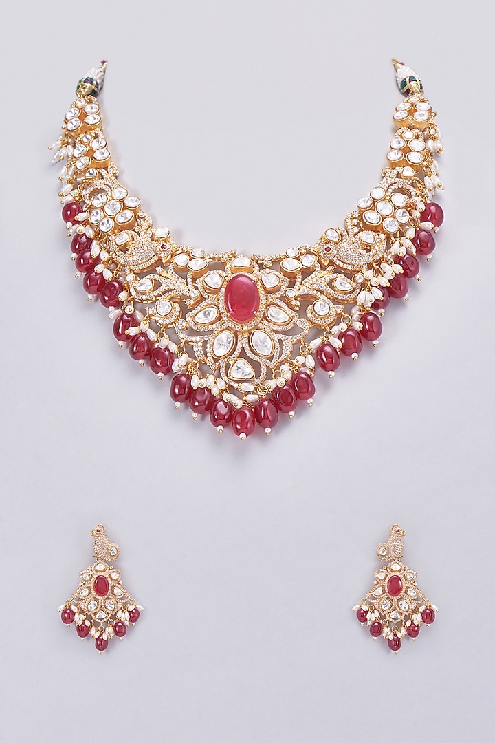 Gold Finish Kundan Polki & Red Beaded Necklace Set by Vastraa Jewellery at Pernia's Pop Up Shop