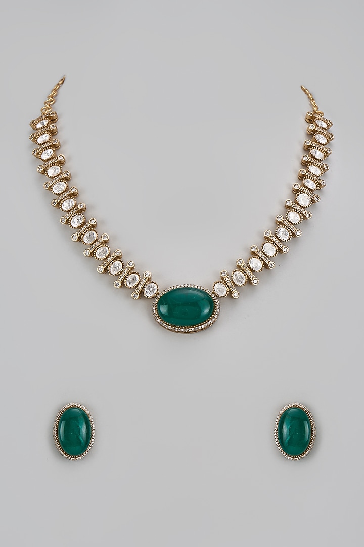 Gold Finish Kundan Polki & Green Stone Necklace Set by VASTRAA Jewellery at Pernia's Pop Up Shop