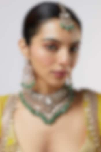 Gold Finish Kundan Polki & Green Stone Necklace Set by VASTRAA Jewellery at Pernia's Pop Up Shop