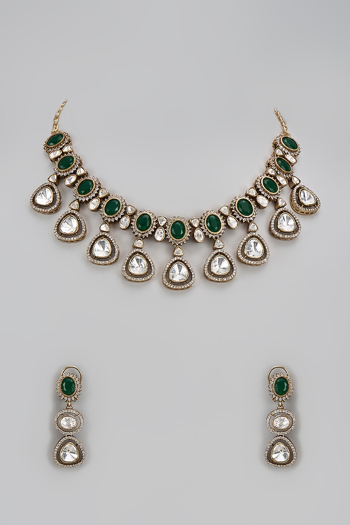 Gold Finish Kundan Polki & Green Stone Necklace Set by VASTRAA Jewellery at Pernia's Pop Up Shop