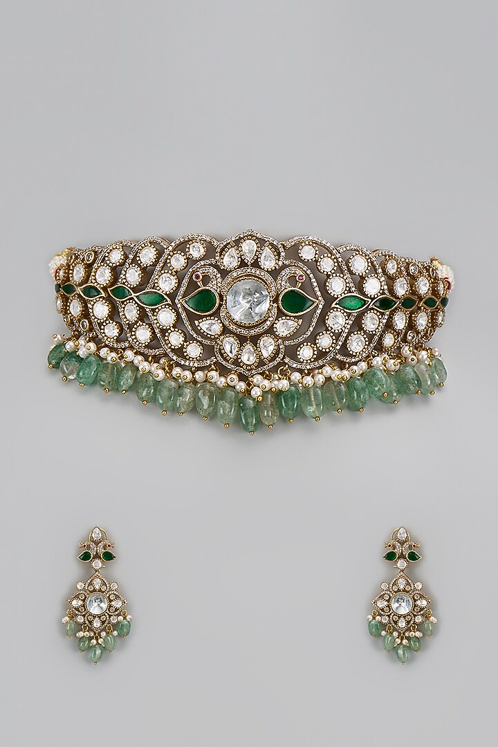 Gold Finish Kundan Polki & Green Stone Choker Necklace Set by VASTRAA Jewellery at Pernia's Pop Up Shop