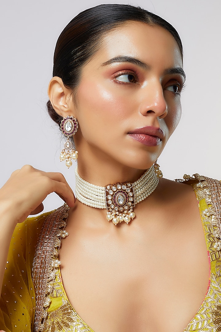 Gold Finish Kundan Polki & Red Stone Choker Necklace Set by VASTRAA Jewellery