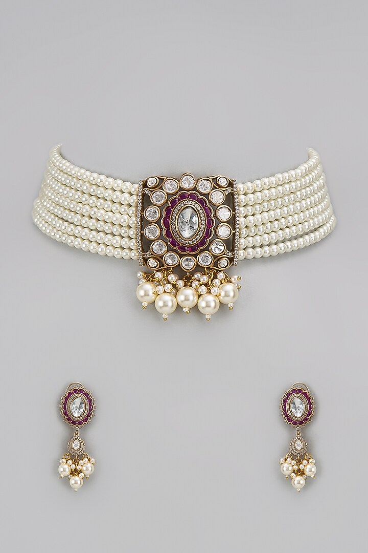 Gold Finish Kundan Polki & Red Stone Choker Necklace Set by VASTRAA Jewellery at Pernia's Pop Up Shop