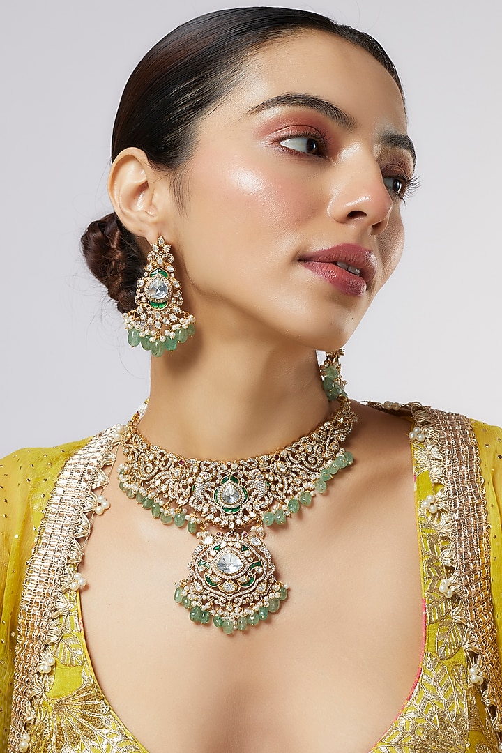 Gold Finish Kundan Polki & Green Stone Choker Necklace Set by VASTRAA Jewellery at Pernia's Pop Up Shop