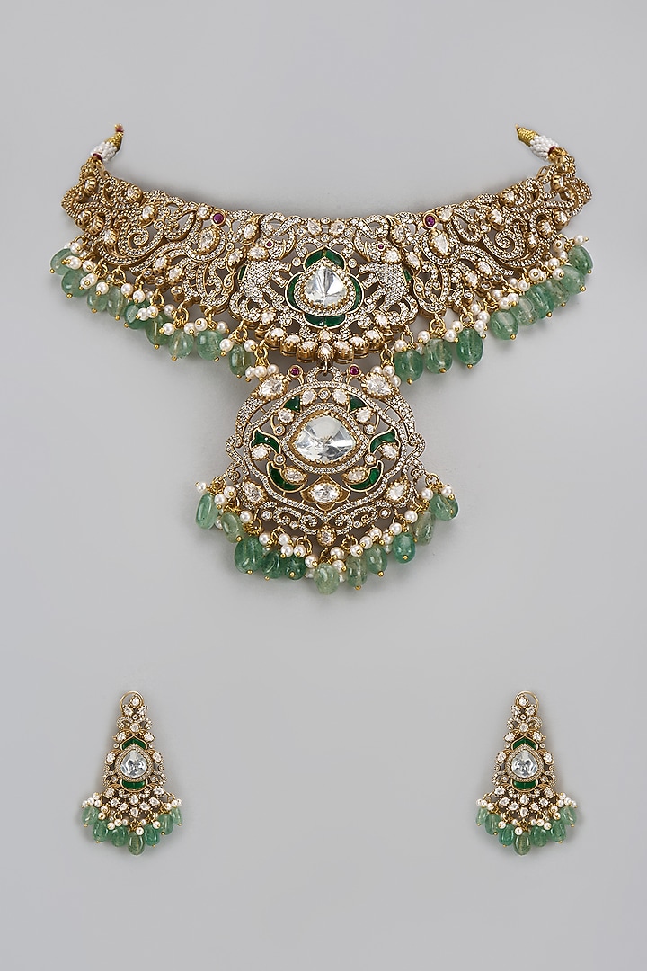 Gold Finish Kundan Polki & Green Stone Choker Necklace Set by VASTRAA Jewellery at Pernia's Pop Up Shop