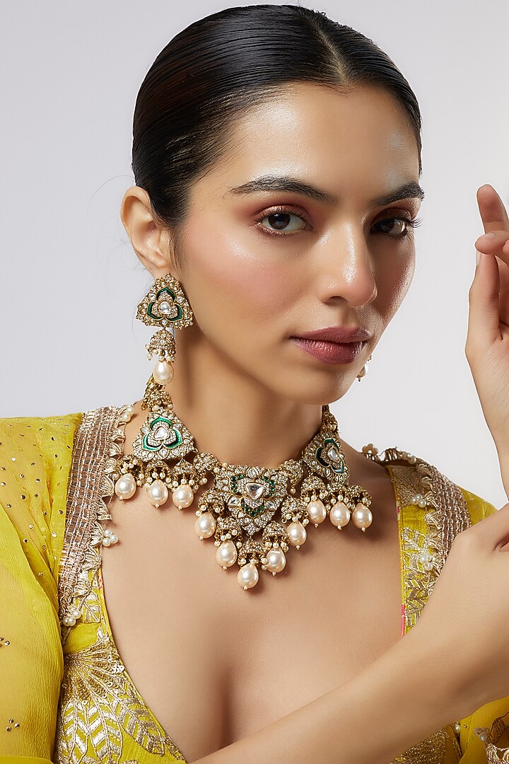 Gold Finish Kundan Polki & Green Stone Long Necklace Set by VASTRAA Jewellery at Pernia's Pop Up Shop