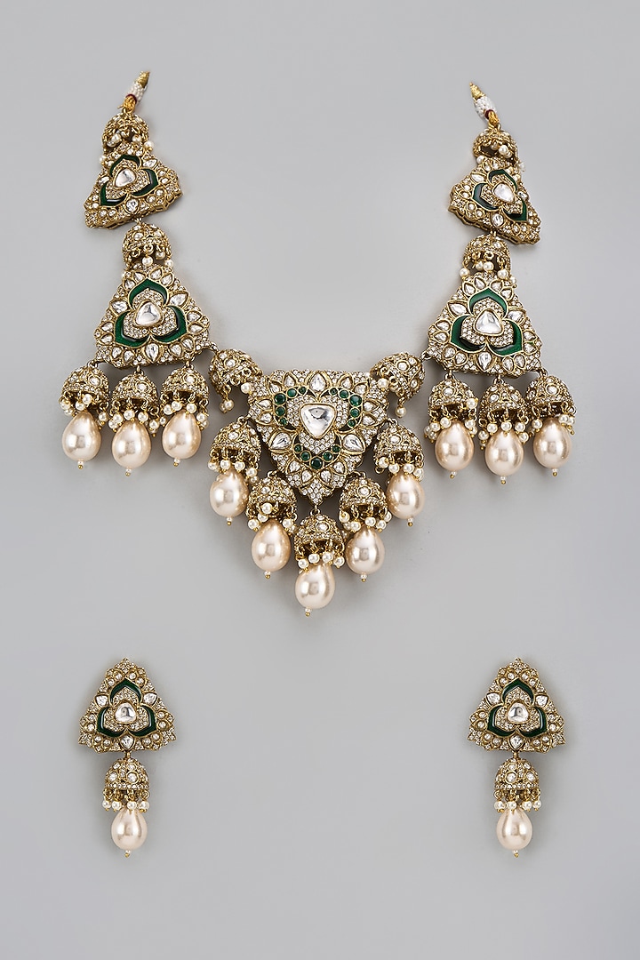 Gold Finish Kundan Polki & Green Stone Long Necklace Set by VASTRAA Jewellery at Pernia's Pop Up Shop