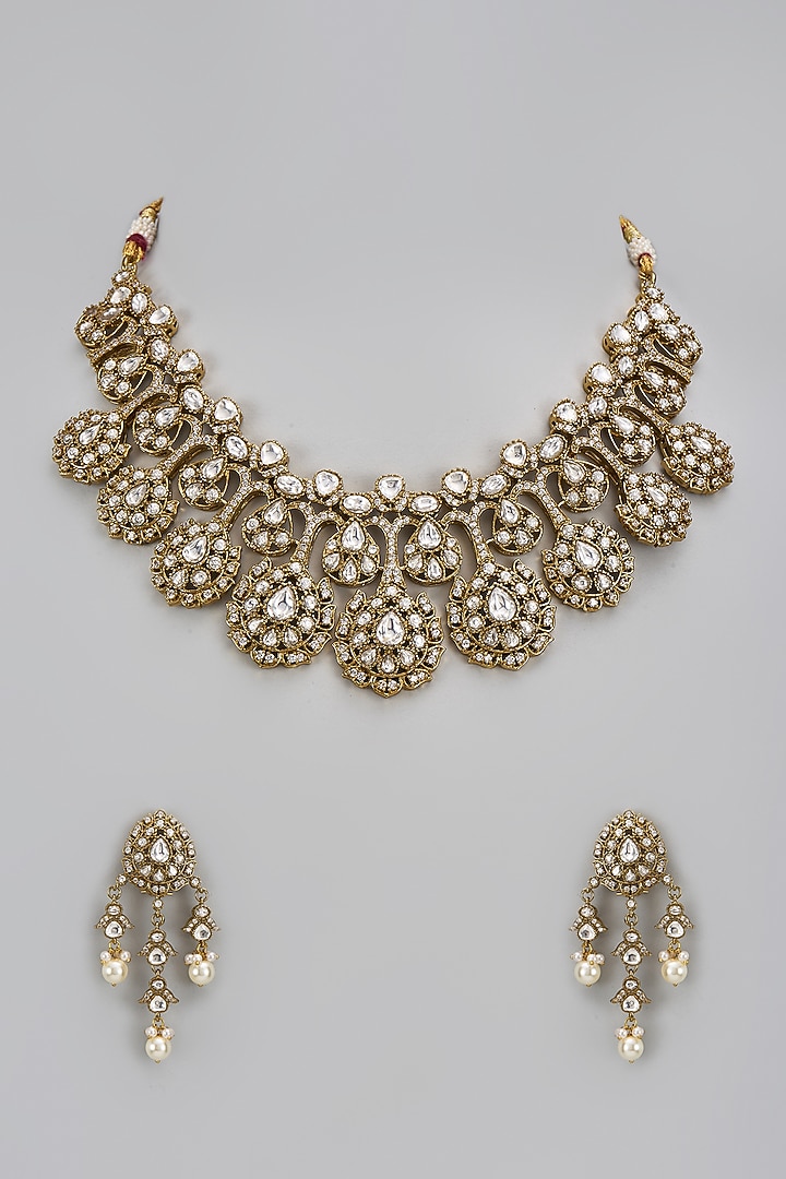 Gold Finish Kundan Polki Necklace Set by VASTRAA Jewellery at Pernia's Pop Up Shop