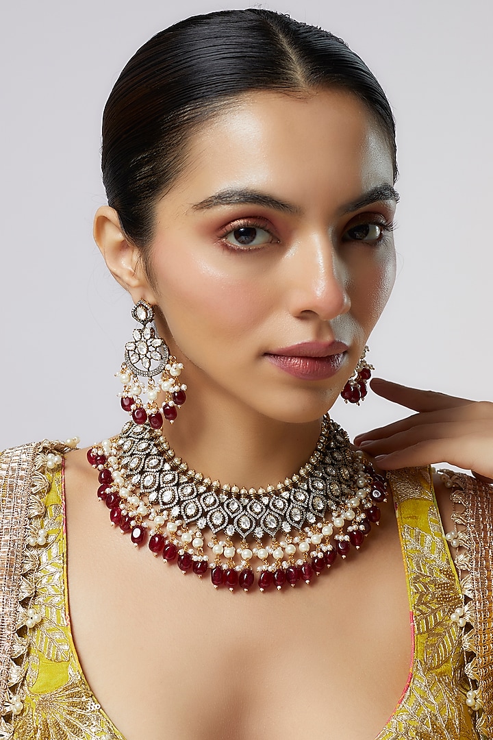 Two-Tone Finish Kundan Polki & Red Stone Choker Necklace Set by VASTRAA Jewellery at Pernia's Pop Up Shop