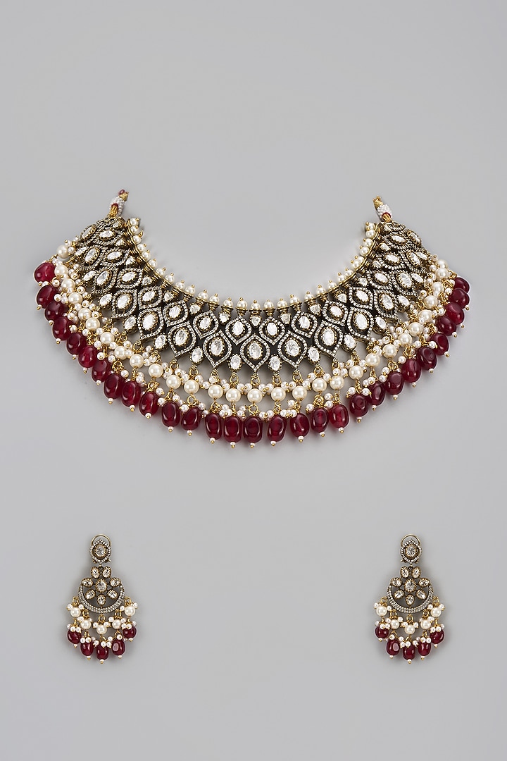 Two-Tone Finish Kundan Polki & Red Stone Choker Necklace Set by VASTRAA Jewellery at Pernia's Pop Up Shop