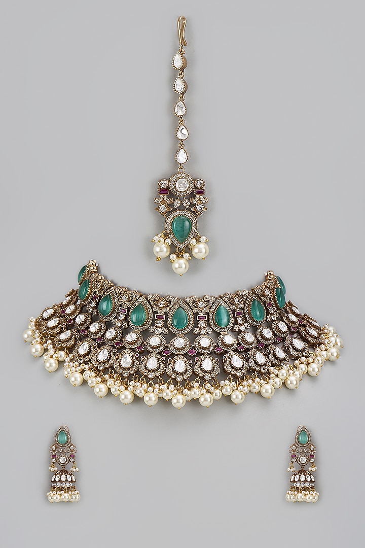 Two-Tone Finish Kundan Polki & Green Stone Choker Necklace Set by VASTRAA Jewellery at Pernia's Pop Up Shop