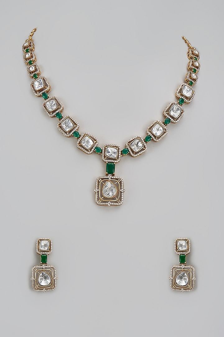 Gold Finish Kundan Polki & Green Stone Necklace Set by VASTRAA Jewellery at Pernia's Pop Up Shop