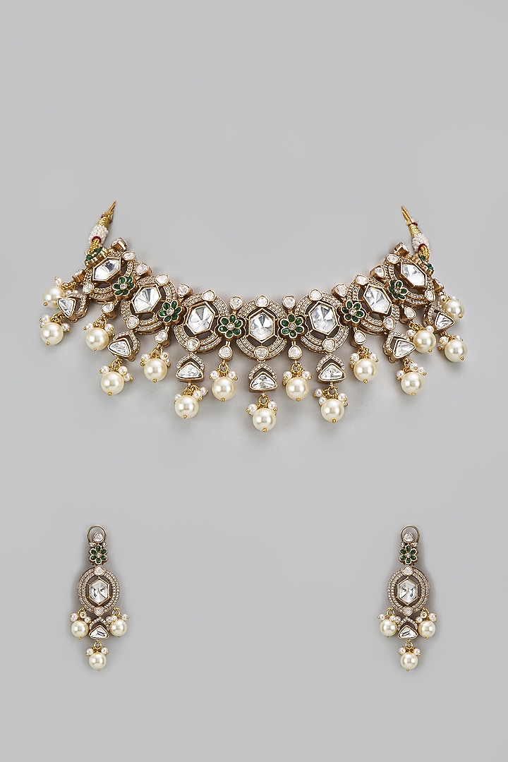 Gold Plated Kundan Polki Choker Necklace Set With Earrings And Maangtikka main image 1