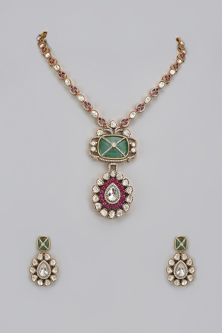 Gold Finish Kundan Polki & Multi-Colored Stone Long Necklace Set by VASTRAA Jewellery at Pernia's Pop Up Shop