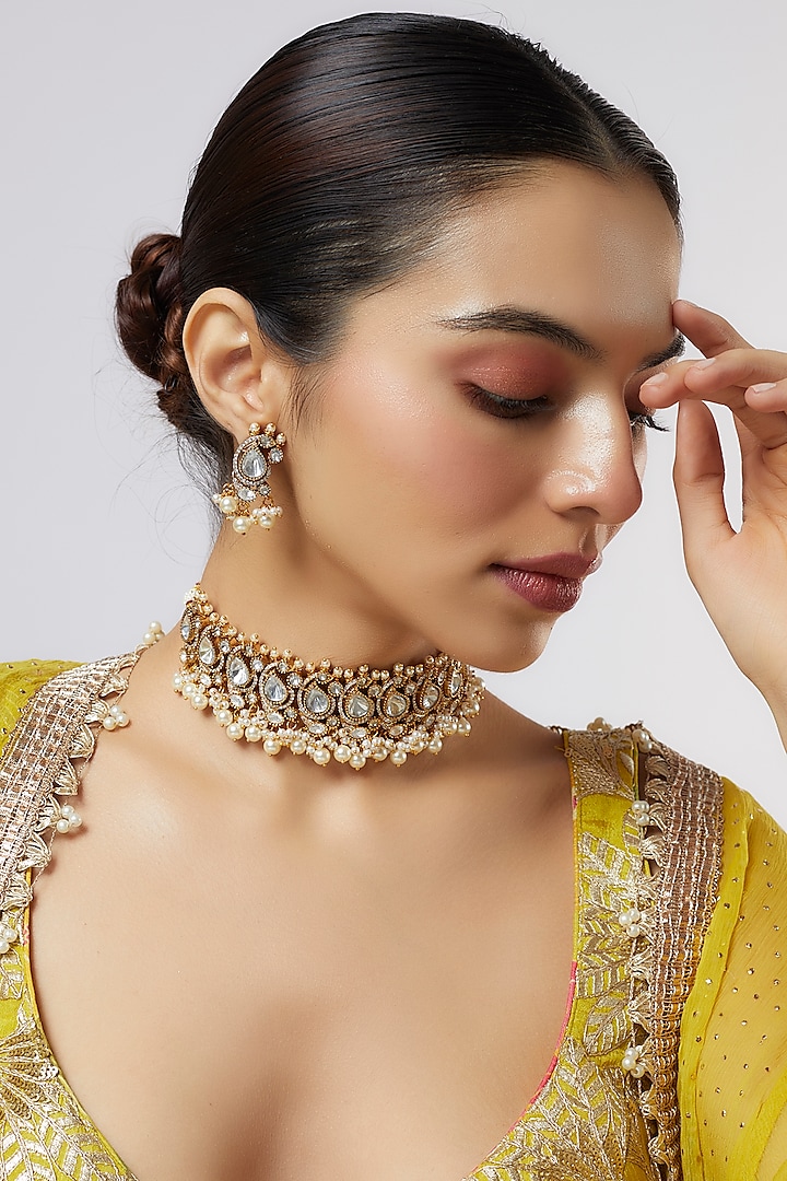 Gold Finish Kundan Polki Choker Necklace Set by VASTRAA Jewellery at Pernia's Pop Up Shop