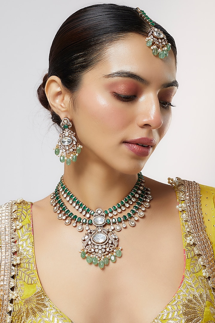 Gold Finish Kundan Polki Long Necklace Set by VASTRAA Jewellery at Pernia's Pop Up Shop