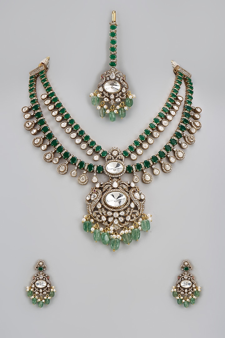 Gold Finish Kundan Polki Long Necklace Set by VASTRAA Jewellery at Pernia's Pop Up Shop