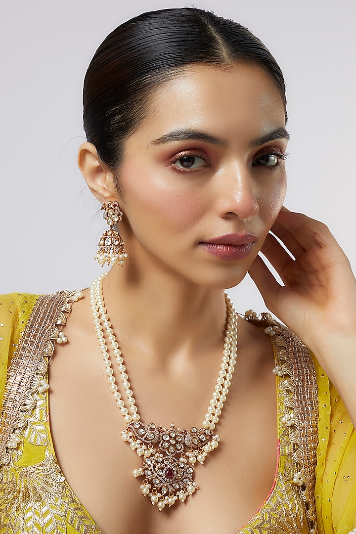 Gold Finish Kundan Polki Long Necklace Set by VASTRAA Jewellery at Pernia's Pop Up Shop