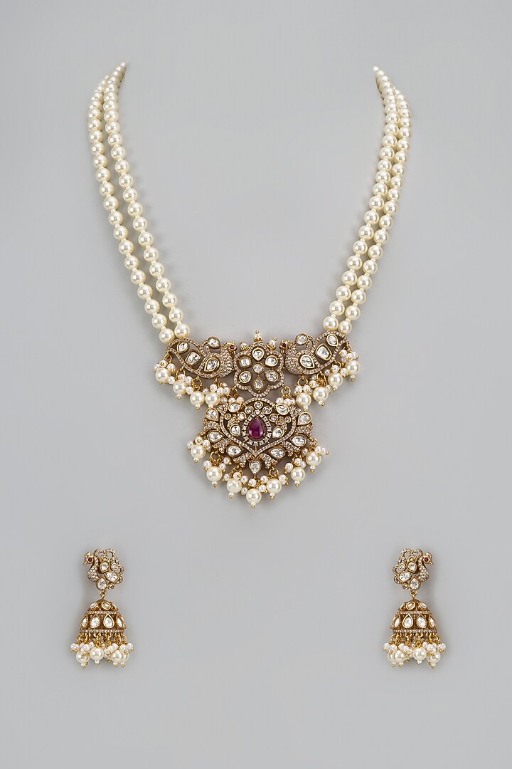 Gold Finish Kundan Polki Long Necklace Set by VASTRAA Jewellery at Pernia's Pop Up Shop