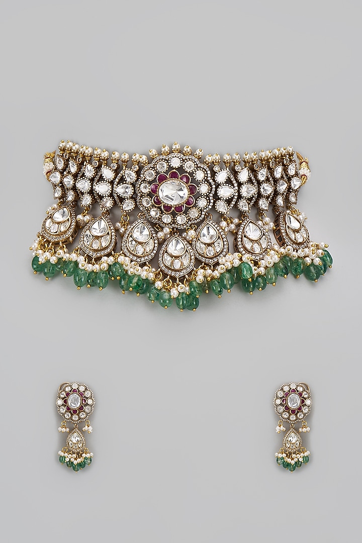 Gold Finish Kundan Polki & Green Stone Choker Necklace Set by VASTRAA Jewellery at Pernia's Pop Up Shop