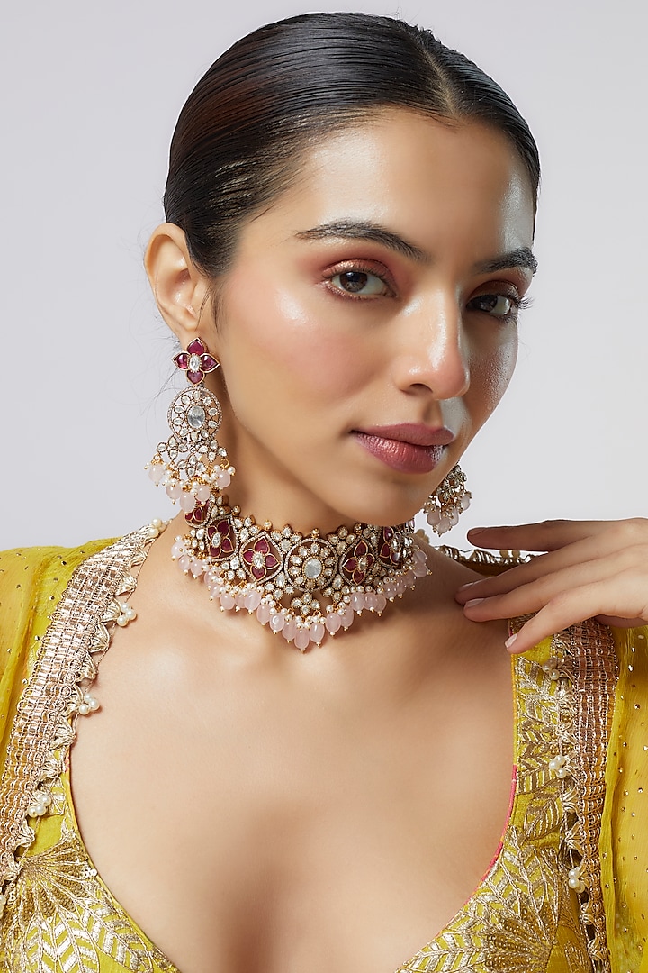 Gold Finish Kundan Polki & Red Stone Choker Necklace Set by VASTRAA Jewellery at Pernia's Pop Up Shop