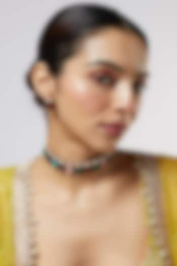 Gold Finish Kundan Polki & Multi-Colored Stone Choker Necklace Set by VASTRAA Jewellery at Pernia's Pop Up Shop