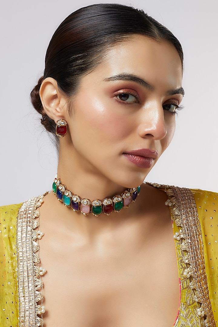 Gold Finish Kundan Polki & Multi-Colored Stone Choker Necklace Set by VASTRAA Jewellery at Pernia's Pop Up Shop