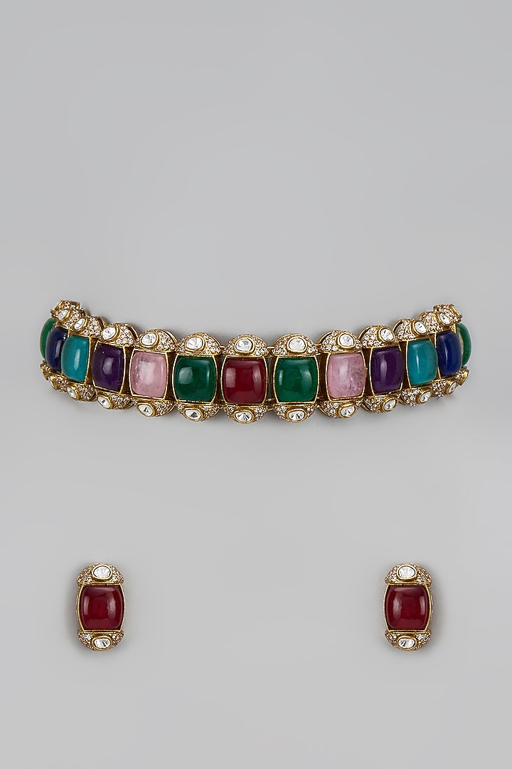 Gold Finish Kundan Polki & Multi-Colored Stone Choker Necklace Set by VASTRAA Jewellery at Pernia's Pop Up Shop