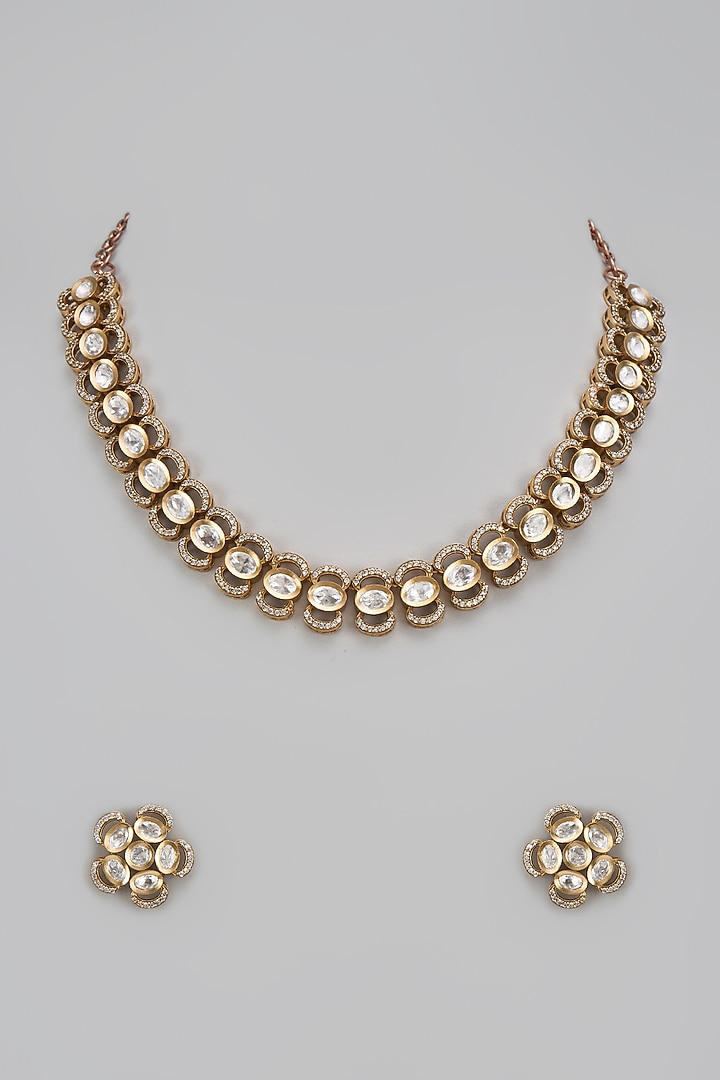 Gold Finish Kundan Polki Necklace Set by VASTRAA Jewellery at Pernia's Pop Up Shop