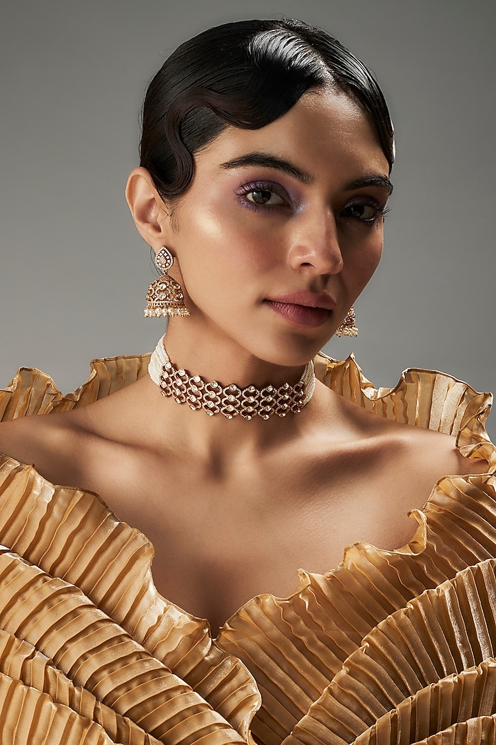 Gold Finish Kundan Polki Choker Necklace Set by VASTRAA Jewellery at Pernia's Pop Up Shop