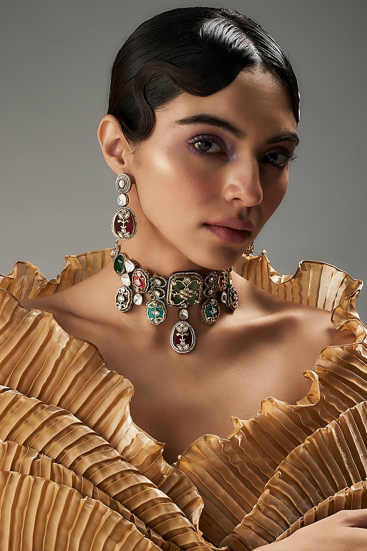 Gold Finish Kundan Polki & Multi-Colored Stone Choker Necklace Set by VASTRAA Jewellery at Pernia's Pop Up Shop