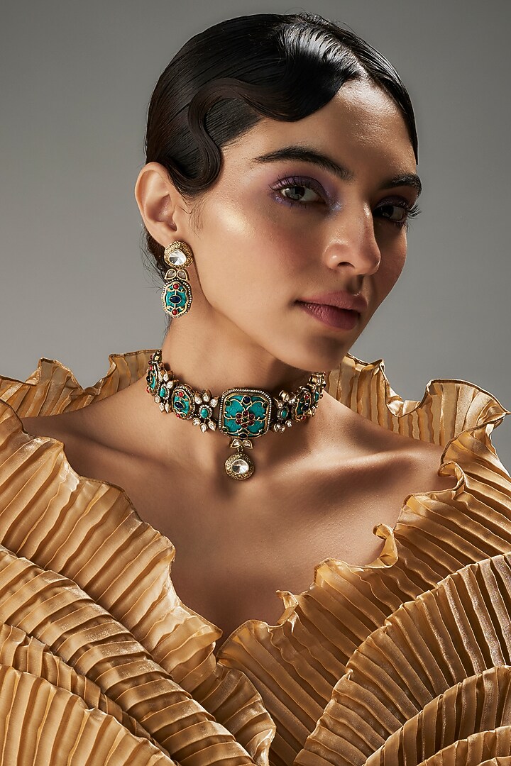 Gold Finish Kundan Polki & Multi-Colored Stone Choker Necklace Set by VASTRAA Jewellery at Pernia's Pop Up Shop