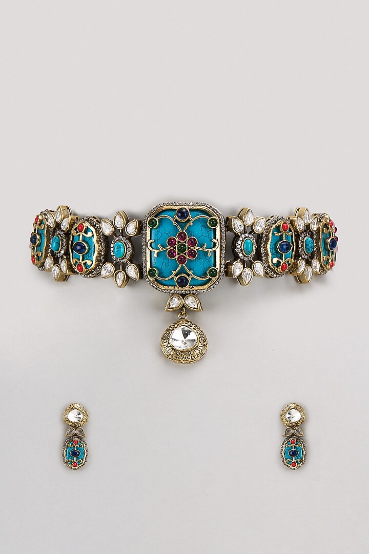 Gold Finish Kundan Polki & Multi-Colored Stone Choker Necklace Set by VASTRAA Jewellery at Pernia's Pop Up Shop
