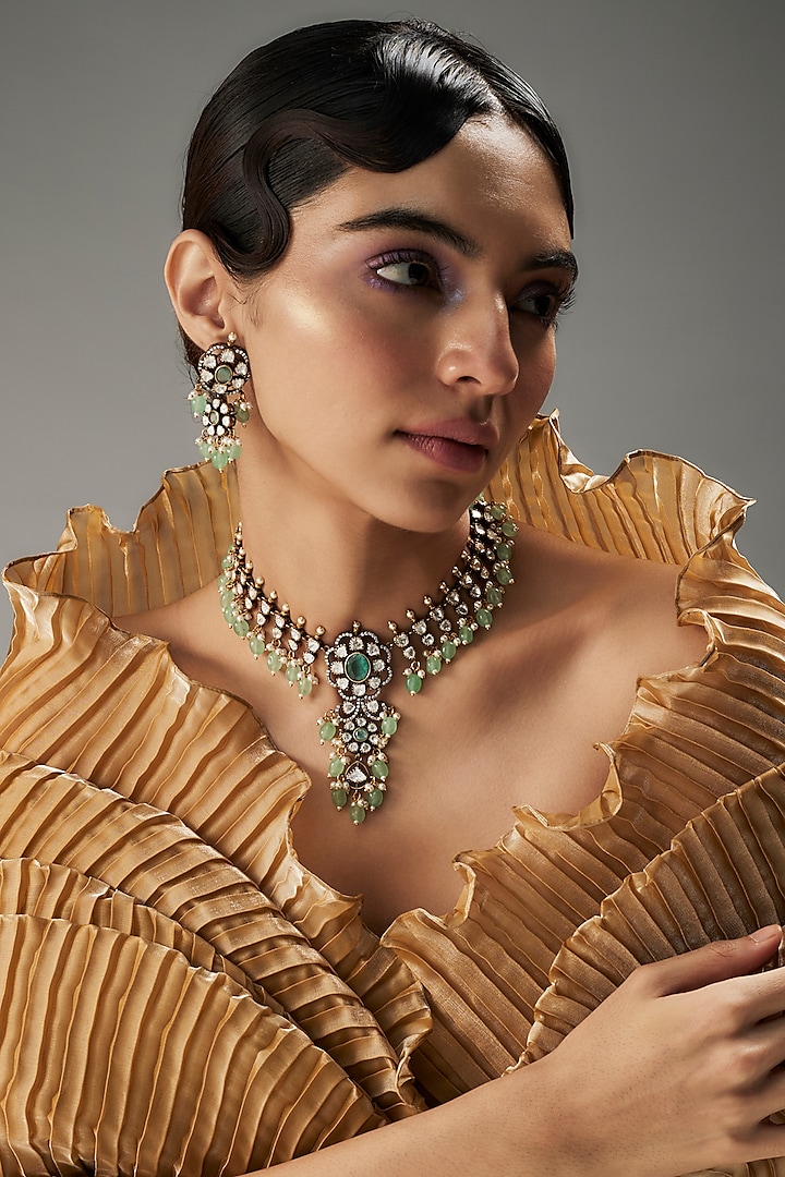 Gold Finish Kundan Polki & Green Stone Necklace Set by VASTRAA Jewellery at Pernia's Pop Up Shop