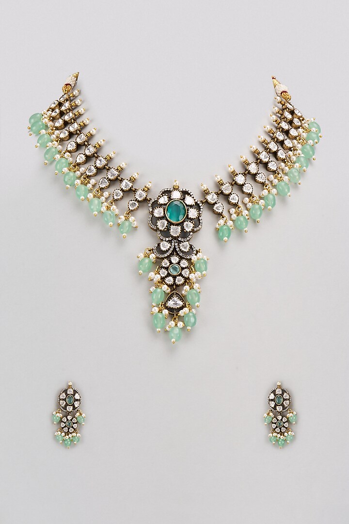 Gold Finish Kundan Polki & Green Stone Necklace Set by VASTRAA Jewellery at Pernia's Pop Up Shop